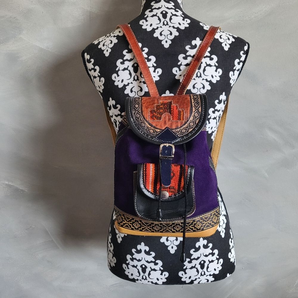 Multicolor Faux Leather Suede Boho Hippie Southwestern Small Backpack Inca Enlay
